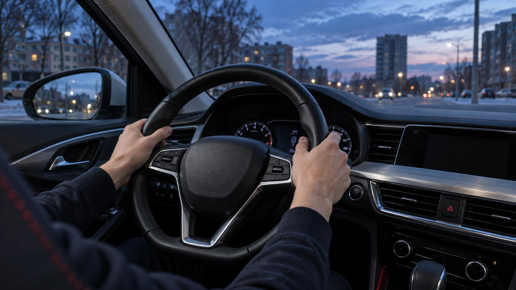 Вид из салона автомобиля: руки на руле перед первым занятием